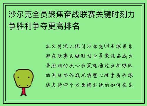 沙尔克全员聚焦奋战联赛关键时刻力争胜利争夺更高排名