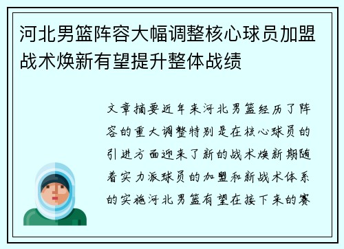 河北男篮阵容大幅调整核心球员加盟战术焕新有望提升整体战绩