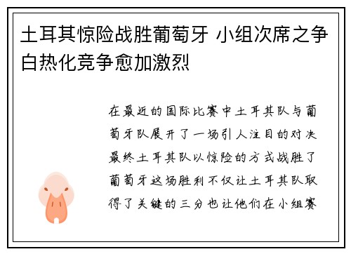 土耳其惊险战胜葡萄牙 小组次席之争白热化竞争愈加激烈