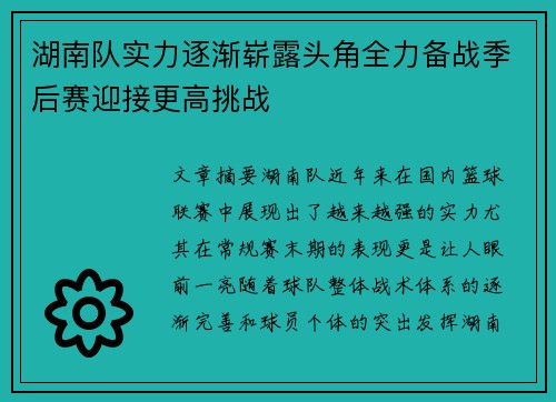 湖南队实力逐渐崭露头角全力备战季后赛迎接更高挑战