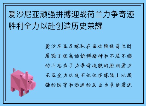 爱沙尼亚顽强拼搏迎战荷兰力争奇迹胜利全力以赴创造历史荣耀