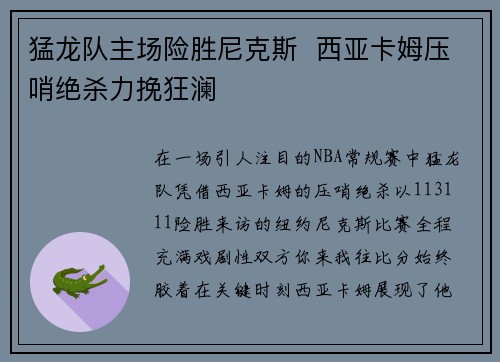 猛龙队主场险胜尼克斯  西亚卡姆压哨绝杀力挽狂澜