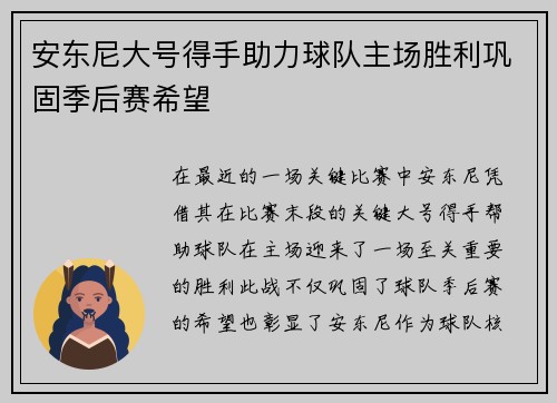 安东尼大号得手助力球队主场胜利巩固季后赛希望