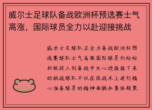 威尔士足球队备战欧洲杯预选赛士气高涨，国际球员全力以赴迎接挑战