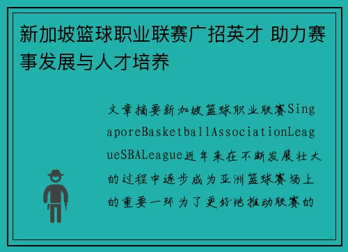 新加坡篮球职业联赛广招英才 助力赛事发展与人才培养