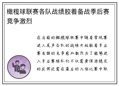 橄榄球联赛各队战绩胶着备战季后赛竞争激烈