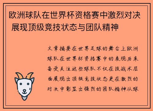 欧洲球队在世界杯资格赛中激烈对决 展现顶级竞技状态与团队精神