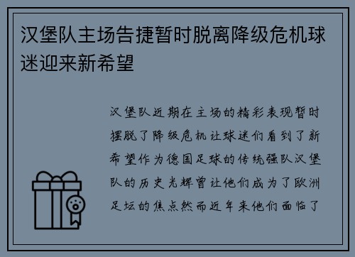 汉堡队主场告捷暂时脱离降级危机球迷迎来新希望