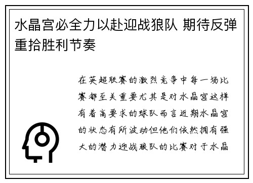 水晶宫必全力以赴迎战狼队 期待反弹重拾胜利节奏