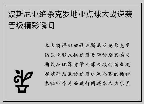 波斯尼亚绝杀克罗地亚点球大战逆袭晋级精彩瞬间