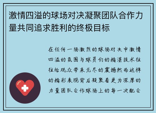 激情四溢的球场对决凝聚团队合作力量共同追求胜利的终极目标