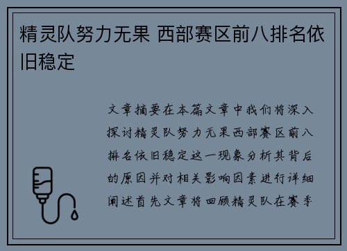 精灵队努力无果 西部赛区前八排名依旧稳定