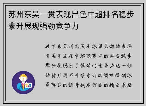 苏州东吴一贯表现出色中超排名稳步攀升展现强劲竞争力