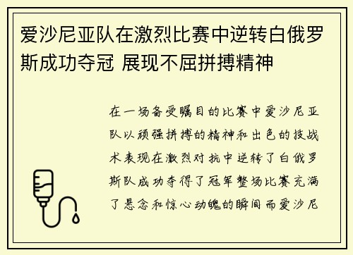 爱沙尼亚队在激烈比赛中逆转白俄罗斯成功夺冠 展现不屈拼搏精神