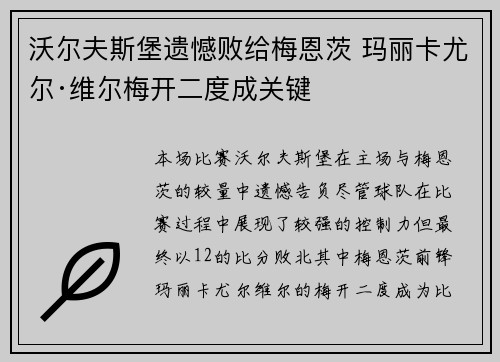 沃尔夫斯堡遗憾败给梅恩茨 玛丽卡尤尔·维尔梅开二度成关键